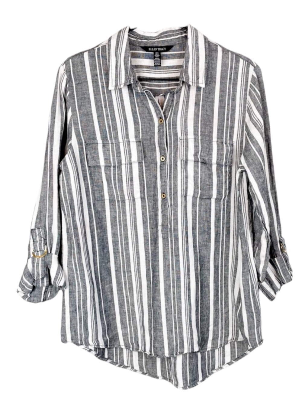 ELLEN TRACY Gray & White Stripe Button-Front Linen Shirt Size Large - Picture 3 of 10